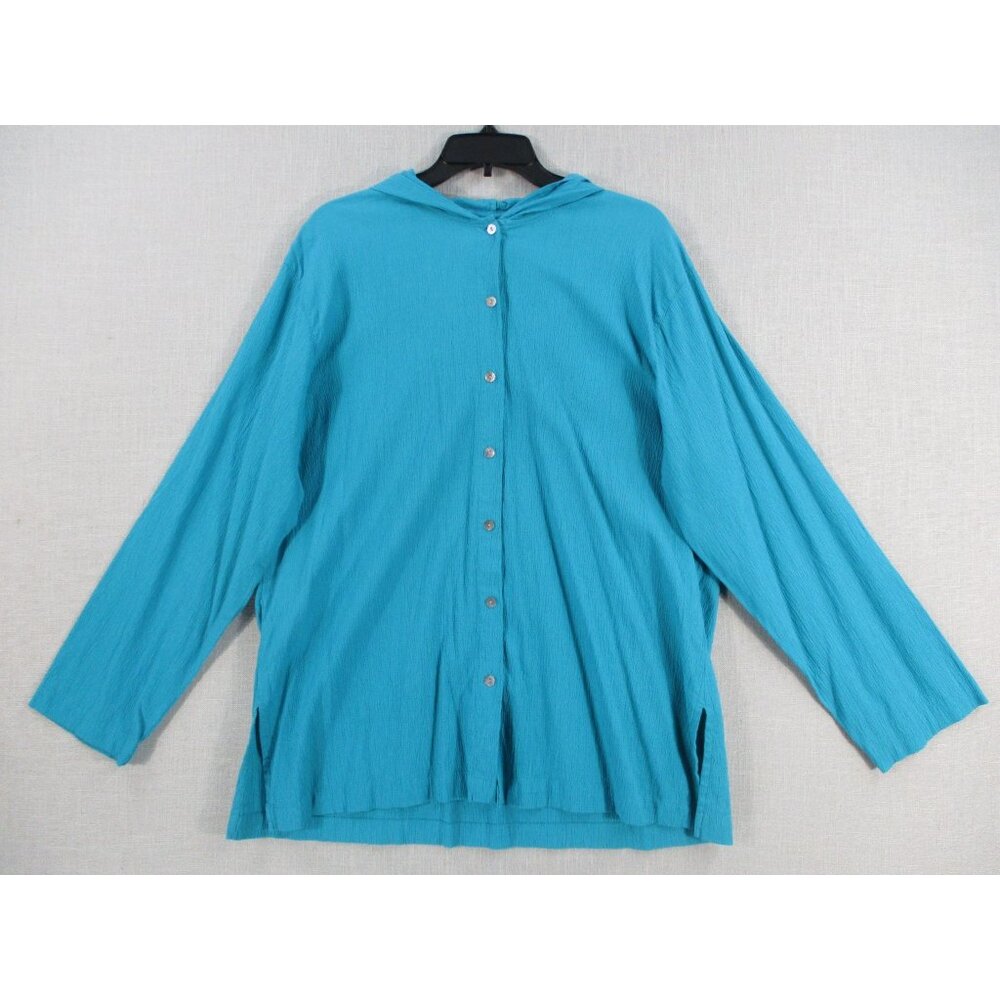 Chicos Teal Button-Up Hooded Top Size 3 Cotton/Spandex Made In Turkey